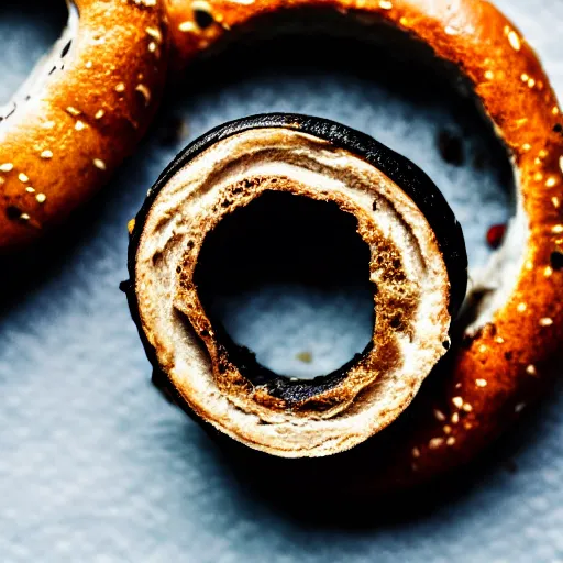 Prompt: an extreme close up of a new york city style bagel, one half with cream cheese, 80mm macro lens