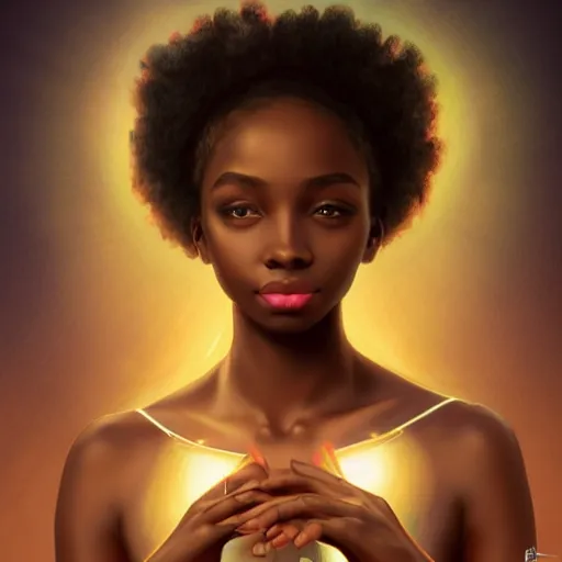 Image similar to black african princess, warm volumetric lighting, cosmic, symmetric, highly detailed, concept art, heavenly, intricate, sharp focus, illustration, alexandros pyromallis, bouguereau, rutkowski, artgerm, alphonse mucha