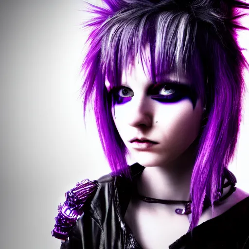 Prompt: an hdr photo still of a beautiful punk woman with violet hair and eyes, cyberpunk, hd, 8 k