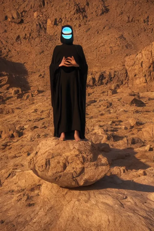 Image similar to levitating bene gesserit with full - face golden mask and glowing eyes in a dry rocky desert landscape, visible sky and sunny atmosphere, fata morgana giant mirrors, black star in the sky by alejandro jodorowsky and christopher doyle, anamorphic lens flares, kodakchrome, cinematic composition, practical effects, 8 k,