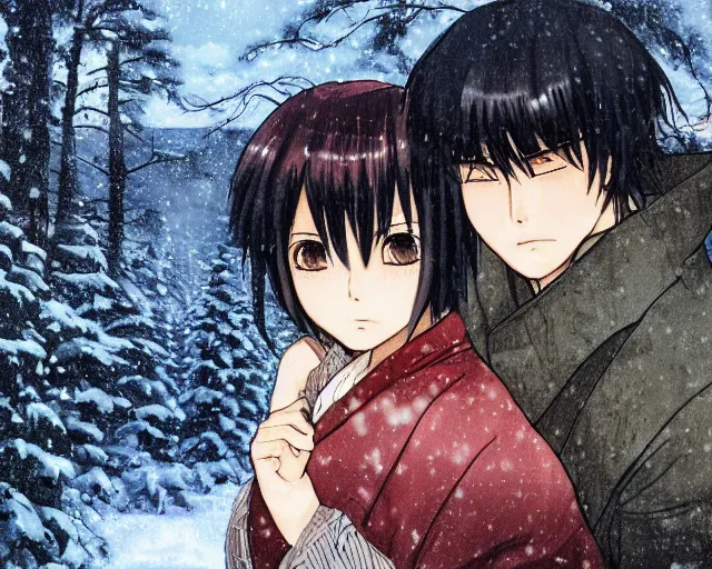 Image similar to hijikata toushirou, of a boy with short black hair and a girl with long flowing auburn hair sitting together on the porch of a cabin on a mountain overlooking a snowy forest. atmospheric lighting, long shot, romantic, boy and girl are the focus, cold lighting, snow, portrait, close up, concept art, intricate details, highly detailed by wlop