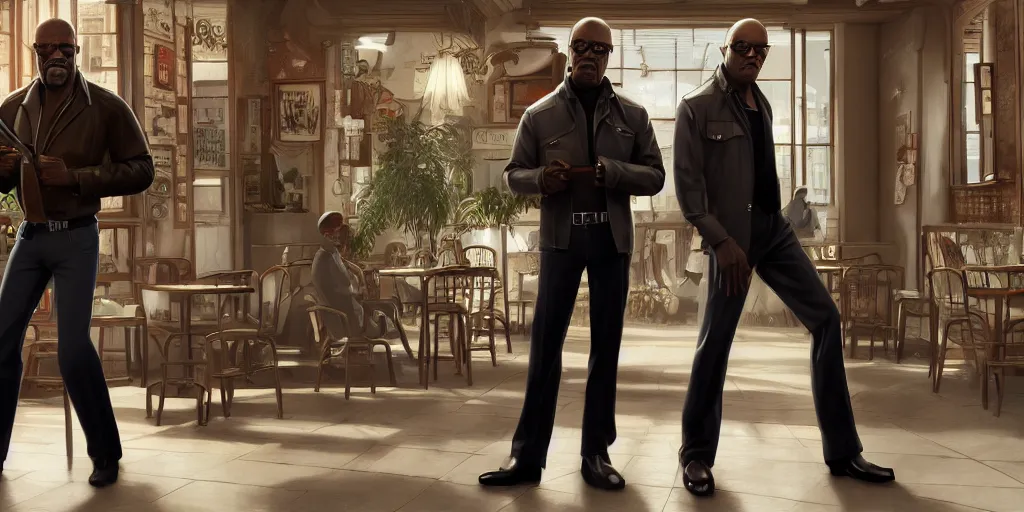 Image similar to highly detailed full - body samuel l jackson and john travolta posing in cafe, perfect symmetrical eyes, by eddie mendoza and tyler edlin, 8 k resolution