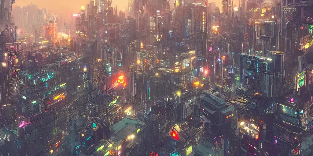 Image similar to Cyberpunk city with flying cars in Japan, evening, low angle view, detailed matte painting, cinematic, Moebius, Artstation