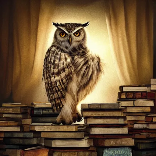 Image similar to long shot of a fluffy sleegy owl sitting on a pile of antique books, by naoto hatori, by yoshita amano, by esao andrews, fancy illustration hyperrealistic, big depth of field, fresh colors, moody evening light, 3 d octane render conceptart, 4 k, highly detailed, trending on artstation