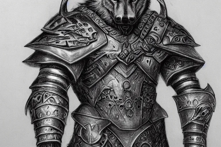 Image similar to a pencil drawing of a wolf, full body, D&D, armor, made by by Pen Tacula