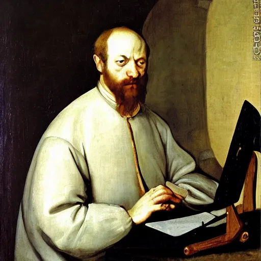 Image similar to Renaissance oil portrait of a man playing warzone on a computer, high-quality realistic oil painting with detailed strokes, robed Renaissance scholar, painting by goya,