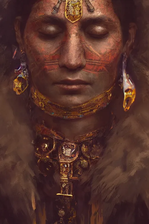 Image similar to aztec priest, close - up portrait, devoted, intricate, elegant, volumetric lighting, scenery, digital painting, highly detailed, artstation, sharp focus, illustration, concept art, ruan jia, steve mccurry