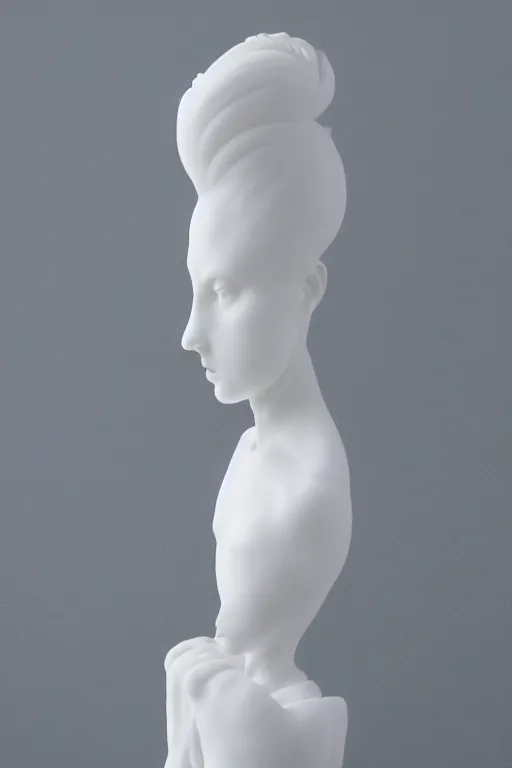 Image similar to full head and shoulders, beautiful female porcelain sculpture by daniel arsham and raoul marks, smooth, all white features on a white background, hair built like an apartment tower, delicate facial features, white eyes, white lashes, detailed white,