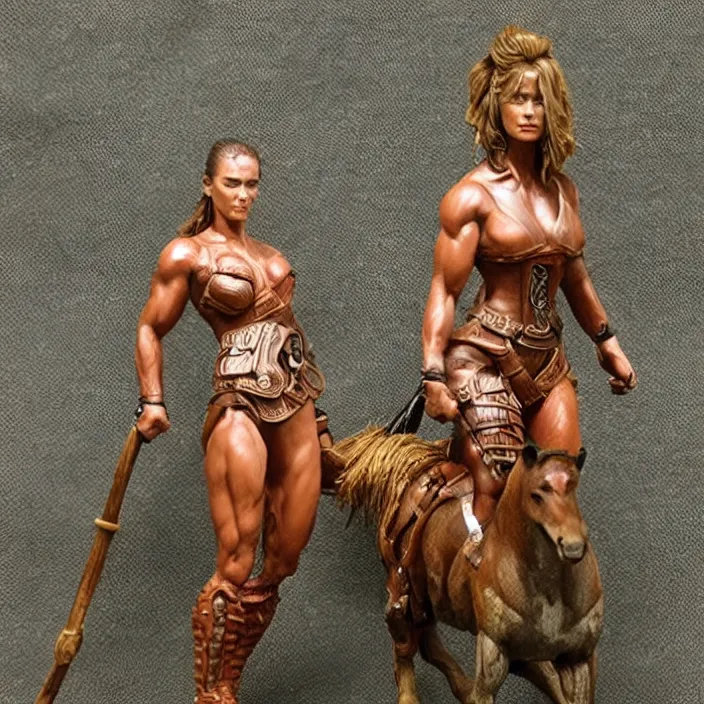 Image similar to 80mm resin detailed miniature of a Muscular Woman warrior standing next to a Horse, Product Introduction Photos, 4K, Full body, simple background