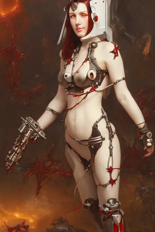 Prompt: Portrait of beautiful pale smiling anime cyborg maiden in bikini armor with crown of thorns and glowing red eyes, steampunc, Warhammer 40000, digital art from artstation by Ruan Jia and Mandy Jurgens and Artgerm and william-adolphe bouguereau