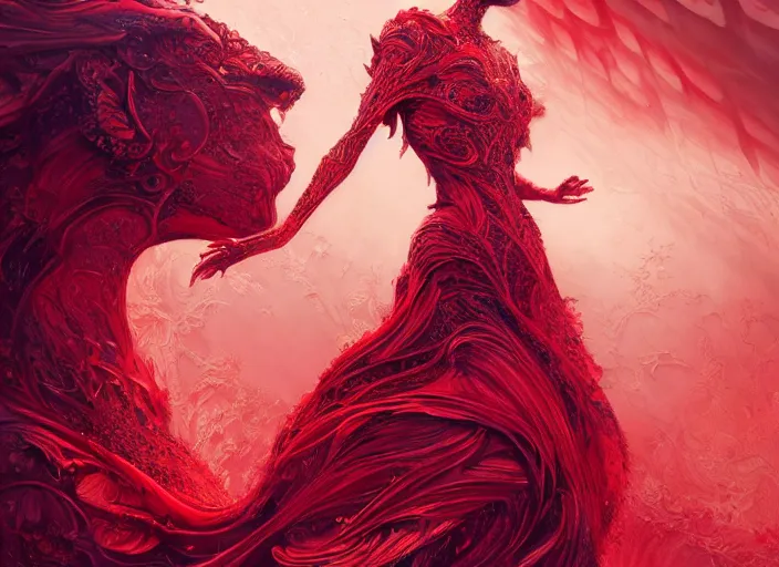 Image similar to woman in love sit upon a scarlet coloured beast, pain, royal dress, light effect, hyper detailed, intricate, elegant, highly detailed, digital painting, artstation, concept art, matte, sharp focus, illustration, by james jean, andrei riabovitchev, marc simonetti, yoshitaka amano