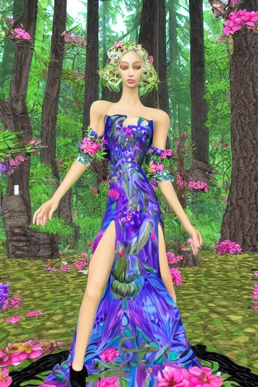 Prompt: beautiful blonde model wearing ornate floral valentino resort ss 2 0 1 6 dress in a 3 d psx rpg style, magical alien forest environment, fashion gameplay screenshot, highly detailed