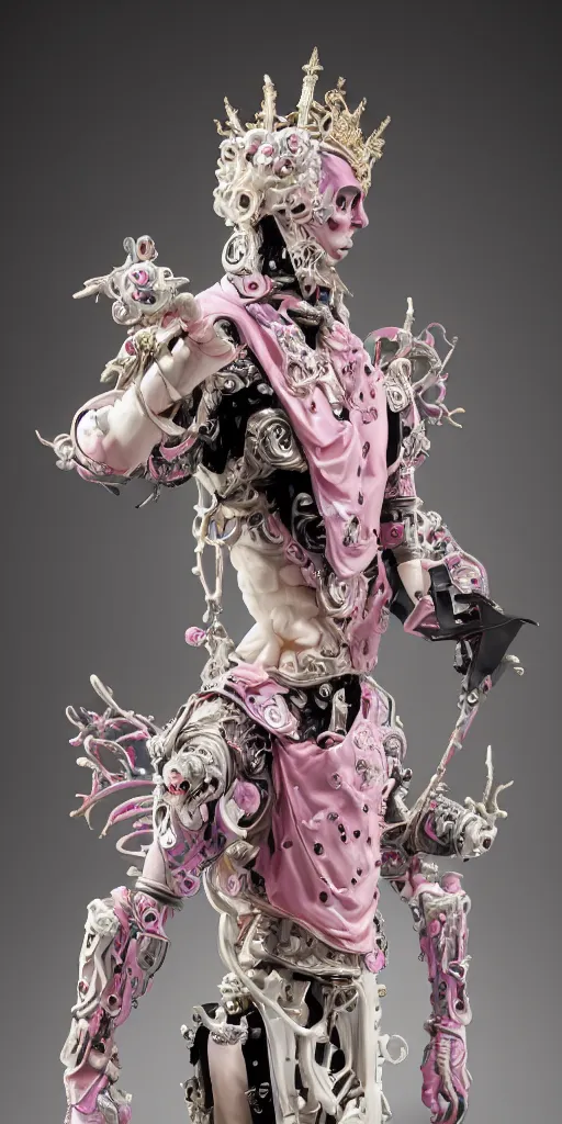 Prompt: full-body baroque and cyberpunk style porcelain sculpture of a young seductive Hispanic prince half android with a chest exposing a glowing gemstone battery, glowing pink seductive laser eyes, crown of blue gears and diamonds, swirling salmon-colored silk fabric, robotic raptors dinosaurs. baroque elements. full-length view. intricate artwork by caravaggio. art by Artgerm and Greg Rutkowski and Alphonse Mucha, Trending on artstation, cinematic industrial lighting, hyper realism, octane render, 8k, depth of field, 3D