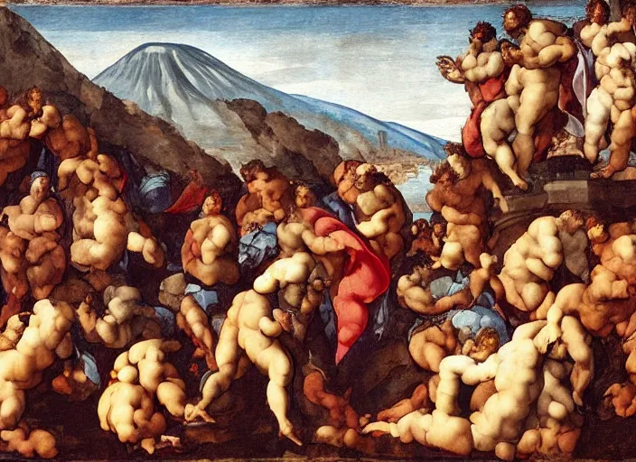 Prompt: detailed painting of average greeks drink wine and have fun against the backdrop of mount vesuvius starting to erupt by michelangelo