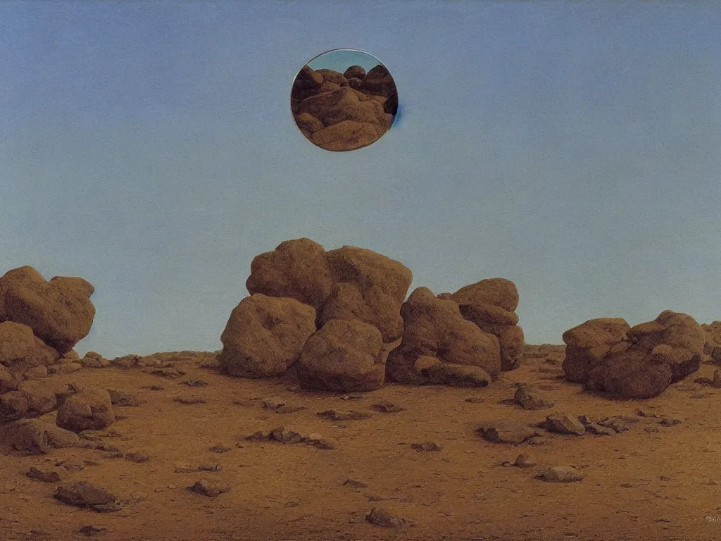 Image similar to Fragmented mirror in the desert. Sentient rocks. Complex changing landscape, autumn light. Painting by Caspar David Friedrich, Alex Colville