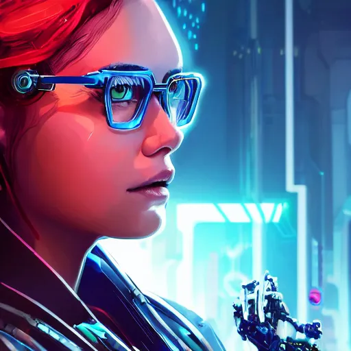 Prompt: highly detailed portrait of a young cyberpunk cyborg emilia clarke with AR glasses, wavy vibrant red hair, blue eyes, cybernetic implants, neon, by Dustin Nguyen, Akihiko Yoshida, Greg Tocchini, Greg Rutkowski, Cliff Chiang, 4k resolution, nier:automata inspired, bravely default inspired, cyberpunk background