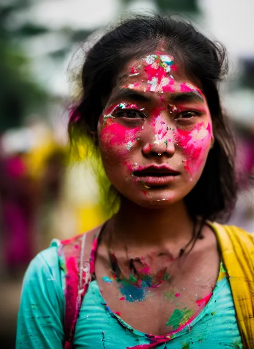 Prompt: Mid-shot portrait of a beautiful 25-year-old woman from Nepal, with smudges of paint on her face, attending Nepal Festival, candid street portrait in the style of Martin Schoeller detailed, award winning, Sony a7R