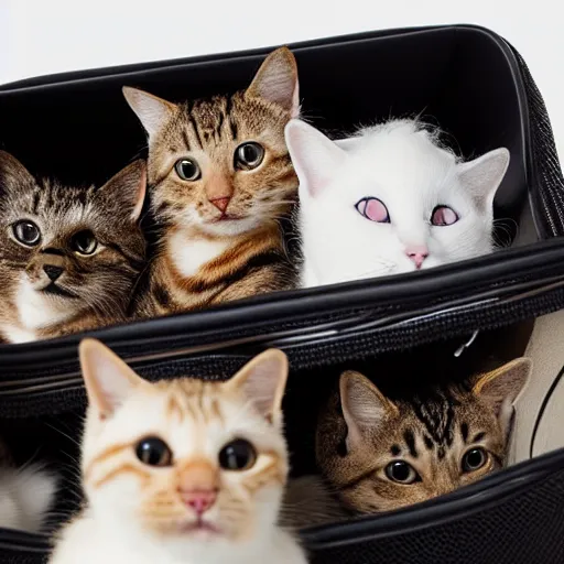 Image similar to a highly detailed photo of multiple furry cats inside a chanel bag, white background, studio lighting, 4 k, 8 k