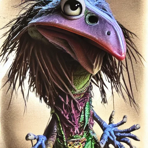 Image similar to kermit the frog as a skeksis in the dark crystal