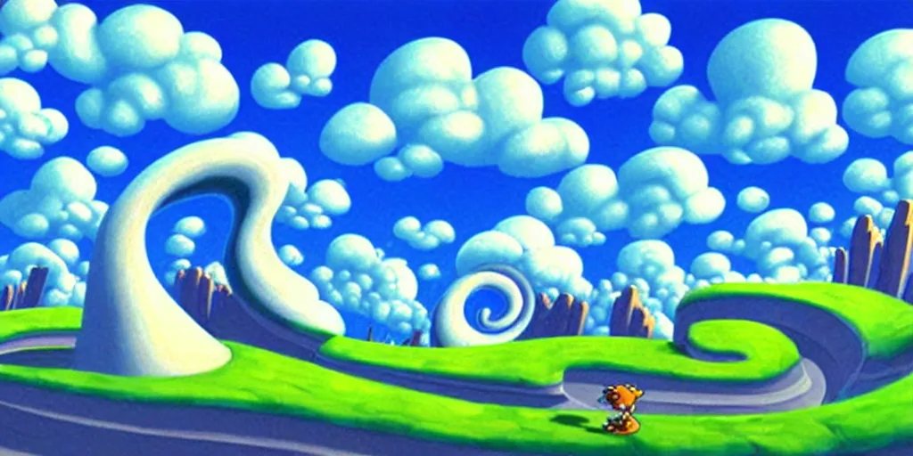 Image similar to cartoon concept art, clean blue sky spiral clouds, from sam and max