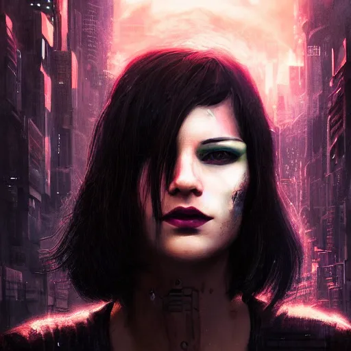 Image similar to molly millions, closeup portrait of a young beautiful cyberpunk woman, mirror eye implants, black hair in a rough shag, sunset, neuromancer, street samurai, cyberpunk city background, megacity, gorgeous view, depth, painted by seb mckinnon, high detail, digital art, painted by greg rutkowski, trending on artstation