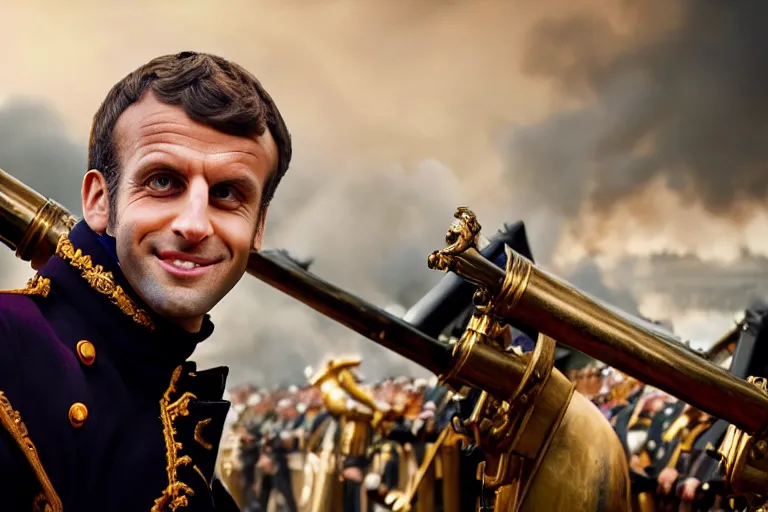 Image similar to closeup portrait of emmanuel macron dressed as napoleon firing cannons from his arms, natural light, sharp, detailed face, magazine, press, photo, steve mccurry, david lazar, canon, nikon, focus