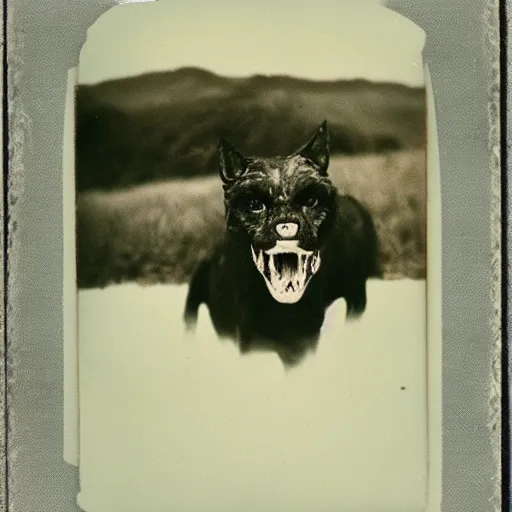 Image similar to old polaroid depicting a hellhound with white eyes and long sharp teeth, at a clearing, at dusk