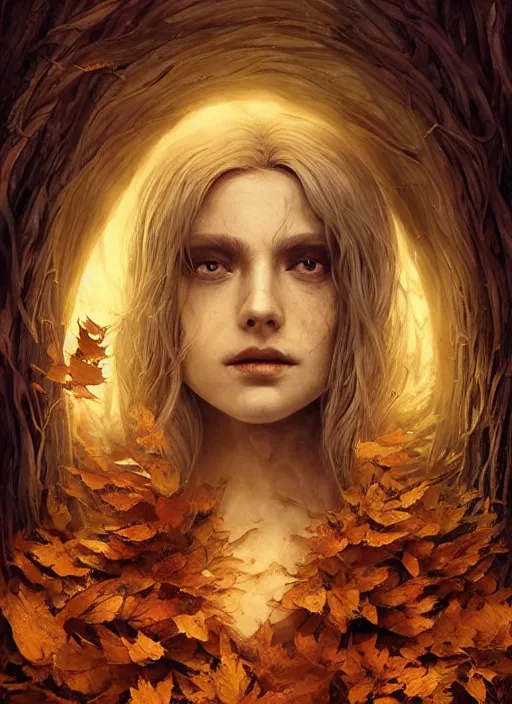 Image similar to golden leaves at frame border, creative!!! composition for a book cover!!!, absurdly beautiful, ultrafine hyperrealistic detailed old witch face by wlop and artgerm and greg rutkowski, intricate linework, sharp focus, smooth, octopath traveler, final fantasy, unreal engine, dramatic lighting, ethereal, 8 k