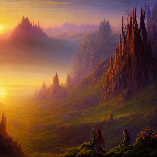 Image similar to a beautiful and highly detailed matte painting of the lost elven land of beautiful dreams, sunrise, celtic, psychedelic, epic scale, insanely complex, hyperdetailed, sharp focus, hyperrealism, artstation, cgsociety, 8 k, bright colors, by caspar friedrich, albert bierstadt, james gurney, brian froud,