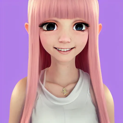 Image similar to Render of Nikki from Shining Nikki Dress-Up Game, a cute 3D young woman, long light pink hair, full bangs, full round face, hazel amber eyes, pale skin, cute freckles, light blush, Chinese heritage, smiling softly, wearing casual clothing, interior lighting, cozy living room background, medium shot, mid-shot, hyperdetailed, trending on Artstation, Unreal Engine 4k