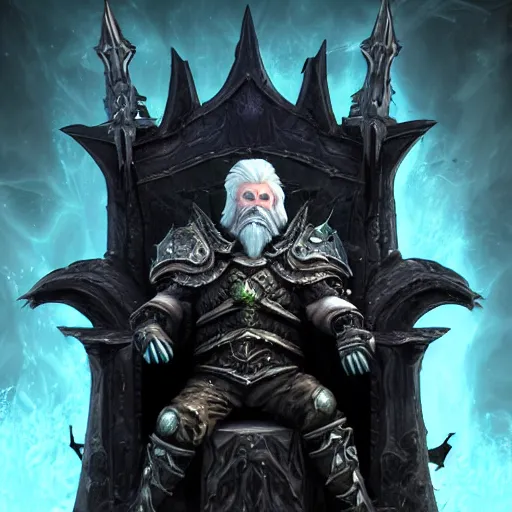 Prompt: old lich king on a throne, old wrinkled face, long beatiful white beard, white hair, holding long sword in one hand, black marble throne, greenish tones, 3 d render, league of legends art style hight 6 4 0