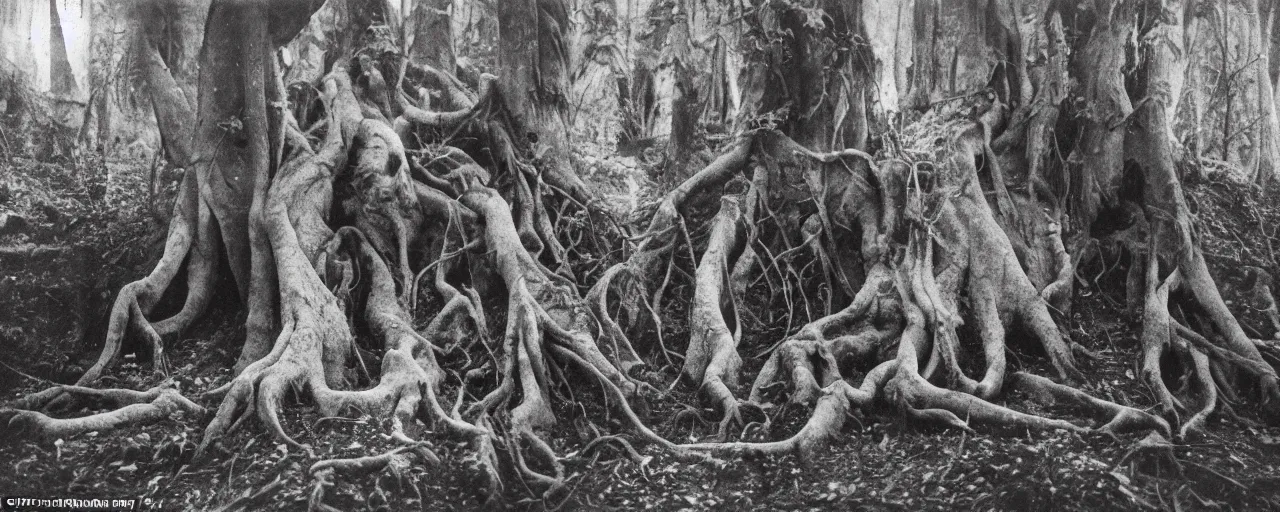 Image similar to 1920s photography of occult humanlike root creatures creeping and lurking in dark forest in the dolomites