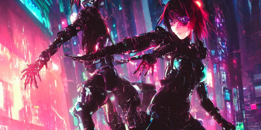 Image similar to full digital cyberpunk anime!!, shattered cyborg - girl in the style of arcane!!!, lightning, raining!!, water refractions!!, black long hair!, biomechanical details, neon background lighting, reflections, wlop, ilya kuvshinov, artgerm