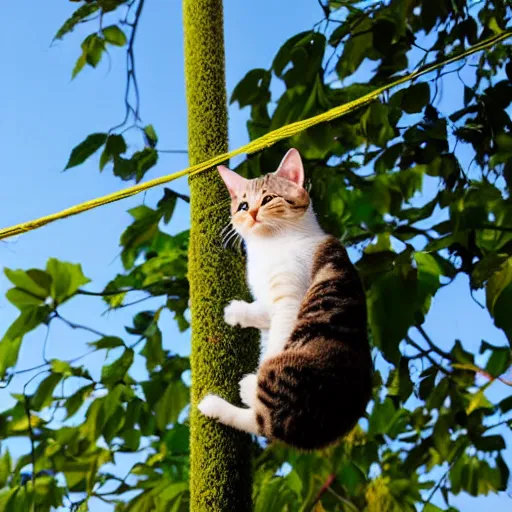 Image similar to a domestic house cat clinging onto the bottom of a string tied to a balloon in the blue sky