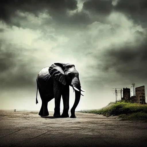 Image similar to elephant in a post apocalyptic city where the sky is green