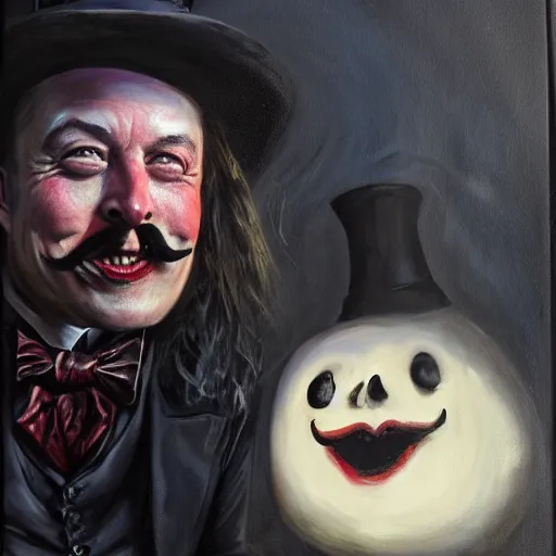 Image similar to elon musk as the grim-hatter with evil mustache grinning, cinematic, dark oil paint, realistic flavor, decaying rich colors!, photograph by tesla