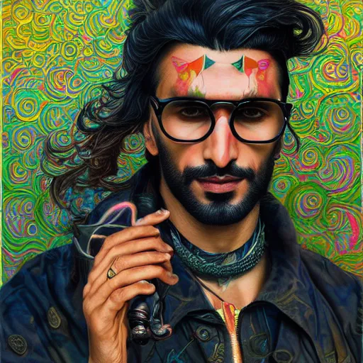 Image similar to portrait of ranveer singh, hyper detailed masterpiece, neon floral pattern, jean giraud, digital art painting, darkwave goth aesthetic, psychedelic, artgerm, donato giancola and tom bagshaw