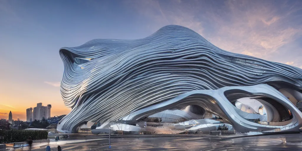 Image similar to extremely detailed ornate stunning sophisticated beautiful elegant futuristic museum exterior by Zaha Hadid, Milan buildings in the background, smooth curvilinear design, stunning volumetric light, stainless steal, concrete, translucent material, beautiful sunset, tail lights