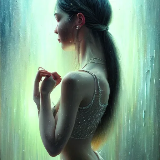 Image similar to highly detailed painting of a beautiful young woman, dancing in the rain, intricate, high quality oil painting artstyle, in the style of anna dittmann, deviantart, figurative art, deviantart, ilya kuvshinov, lovecraftian, very detailed face, portrait