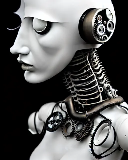 Image similar to black and white dreamy foggy profile face portrait, one steampunk eye biomechanical beautiful young female cyclope - cyborg - robot bust, body ribs meshes,, volumetric light, hibiscus flowers, by hg giger, rim light, by dora maar and cecile beaton, big gothic fashion pearl embroidered collar, 8 k
