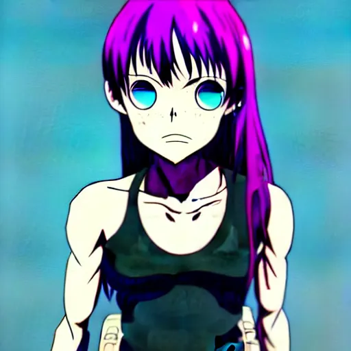 Image similar to style of madhouse studio anime, black lagoon manga, loish, artgerm, comic art, portrait of revy from black lagoon, symmetrical eyes and symmetrical face, jean shorts, white tank top, purple hair, sarcastic evil smirk on face, sky and ocean background