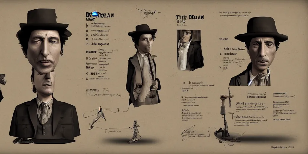 Image similar to bob dylan as a 2 0 s roving gambler, character sheet, concept design, contrast, greg rutkowski, zabrocki, karlkka, jayison devadas, trending on artstation, 8 k, 3 d scene, photo, realistic, octane render, ultra wide angle, pincushion lens effect