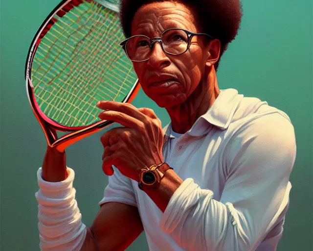 Image similar to mindblowing, arthur ashe playing tennis, deep focus, beautiful, highly detailed, digital painting, artstation, concept art, matte, sharp, illustration, hearthstone, art by artgerm and greg rutkowski and alphonse mucha