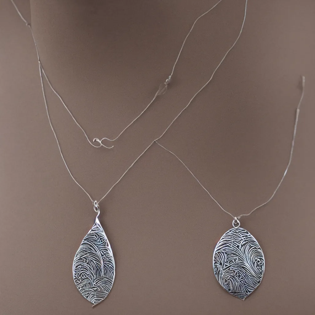 Image similar to Amulet Of Wave inlaid in silver, on a young beautiful woman neck, realistic, clean,