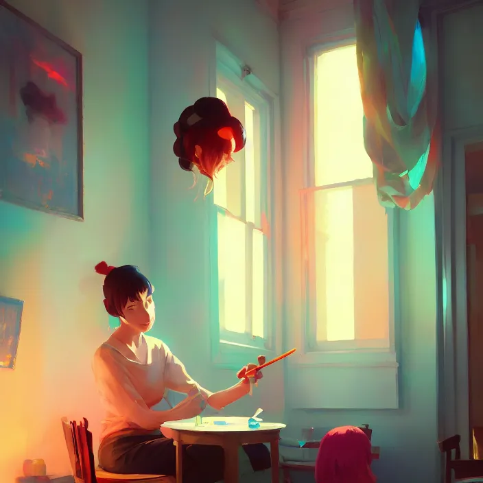 Prompt: an artist painting inside of his cozy atelier, vibrant colors, atey ghailan, delphin enjolras, goro fujita, makoto shinkai, rim light, exquisite lighting, octane render, very coherent, trending on artstation