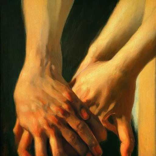 Image similar to Shaking hands, vertical symmetry, close up shot, detailed hands, beautiful moody artwork by Ilya Repin and Asher Duran