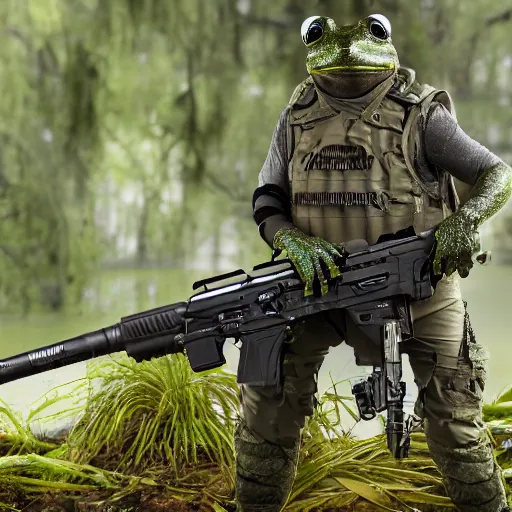 Image similar to professional photograph of an anthropomorphic frog wearing a kevlar vest and holding a black rifle in a swamp, 8 k, very intricate, very detailed, serious,