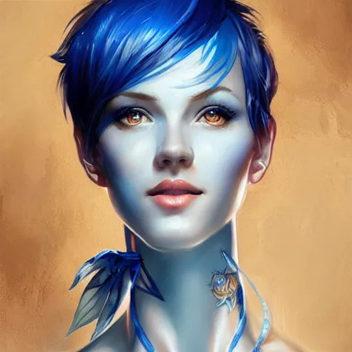 Image similar to a beautiful painting of a smiling woman with stylish short blue hair and sparkling blue eyes representative of the art style of artgerm and wlop and peter mohrbacher