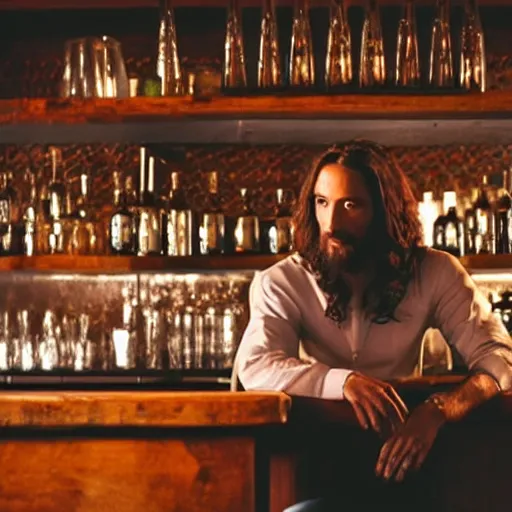 Prompt: a still of jesus sitting on a stool at the bar, last call. dark, smoky. he's looking to sin