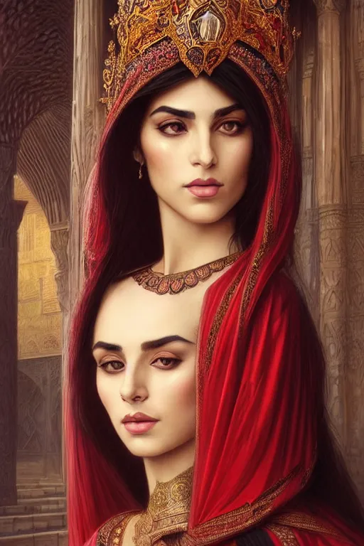 Image similar to Beautiful portrait of a Persian Princess who is an architect, beautiful princess, face painting, architecture, persian style architecture, dramatic lighting, intricate, wild, highly detailed, digital painting, artstation, concept art, smooth, sharp focus, illustration, black+velvet+red, art by artgerm and greg rutkowski and alphonse mucha, footage from space camera